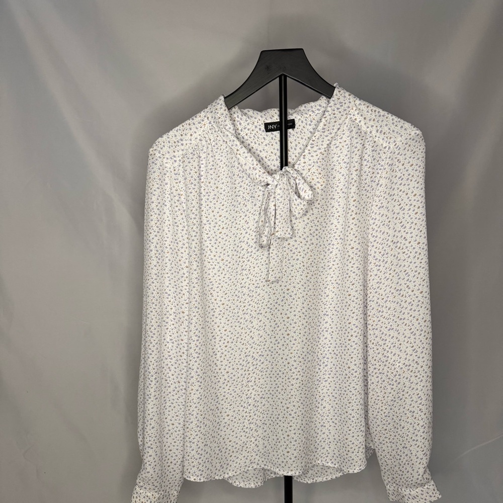 Jones New York Women’s Tie-Neck Blouse White & Black Confetti Print EUC Size Med